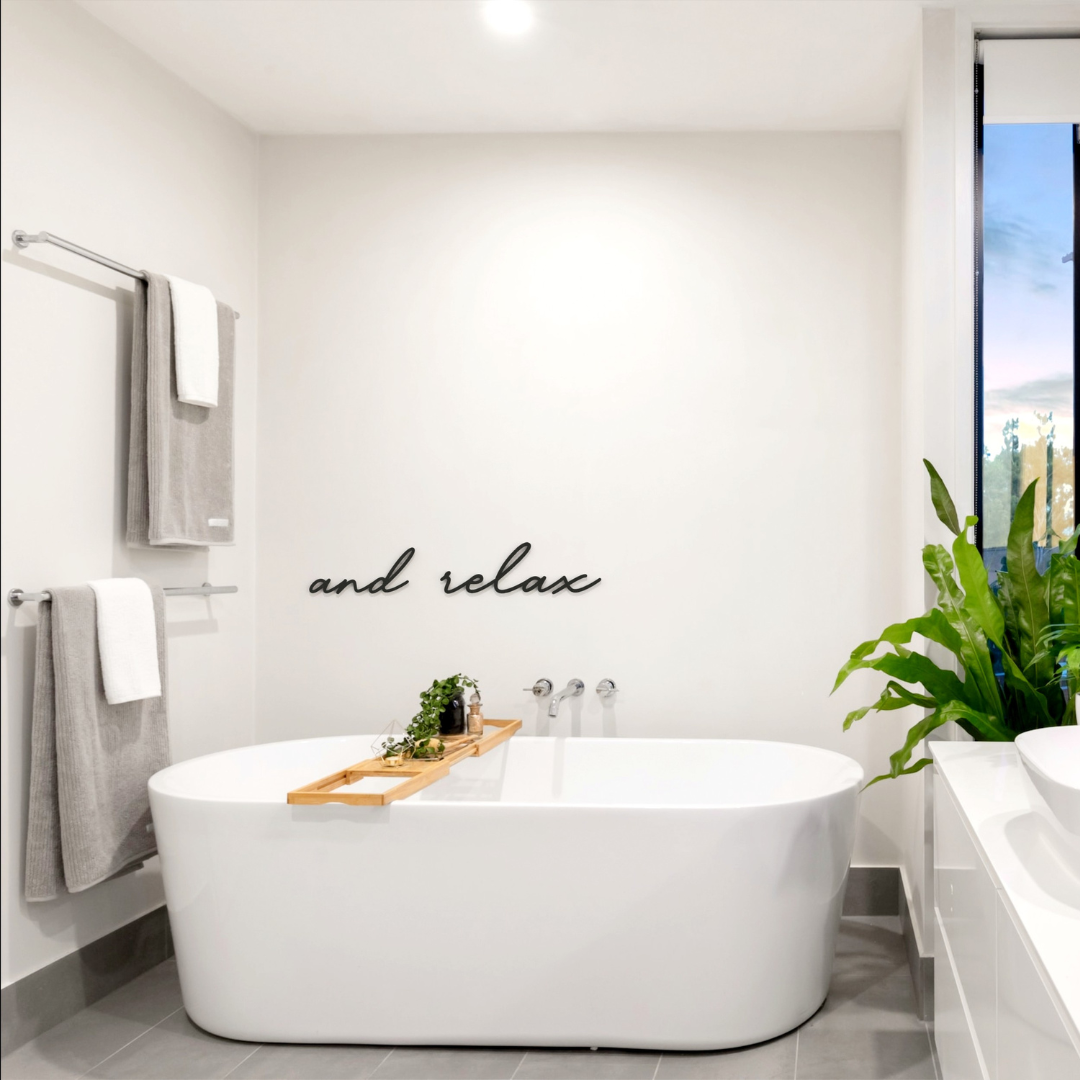 black and relax metal sign hangs on wall in bathroom