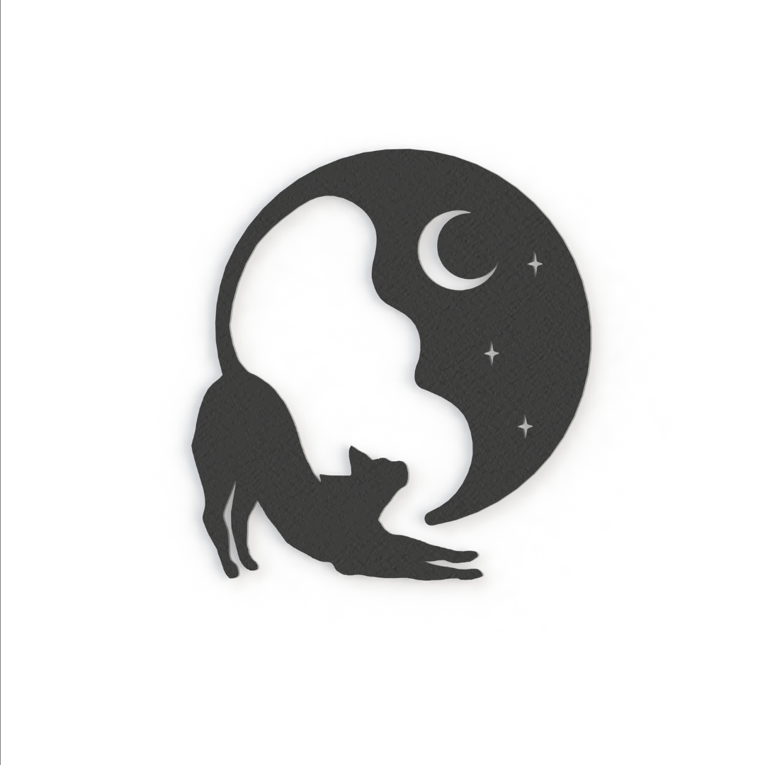 black cat and moon metal wall art hanging on a white background