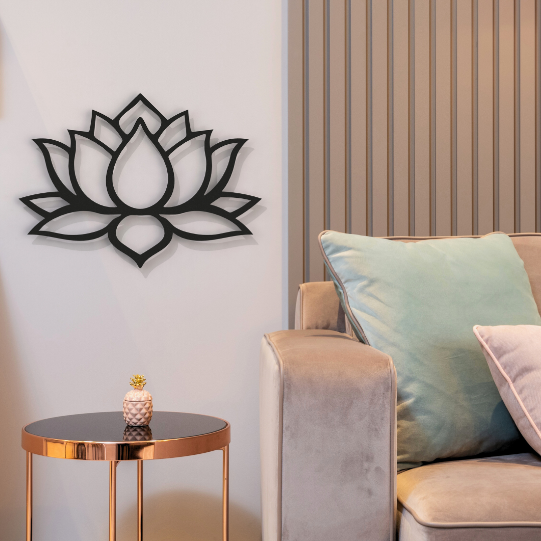 black boho lotus flower metal wall art on wall in living room