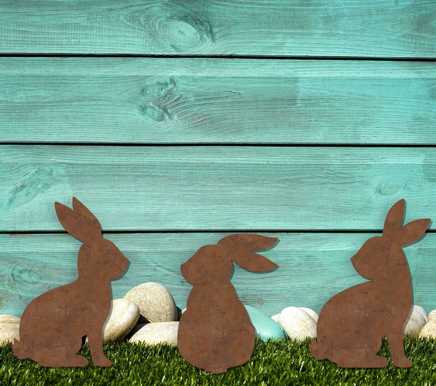Rusty Bunny Trio Metal Garden Stakes