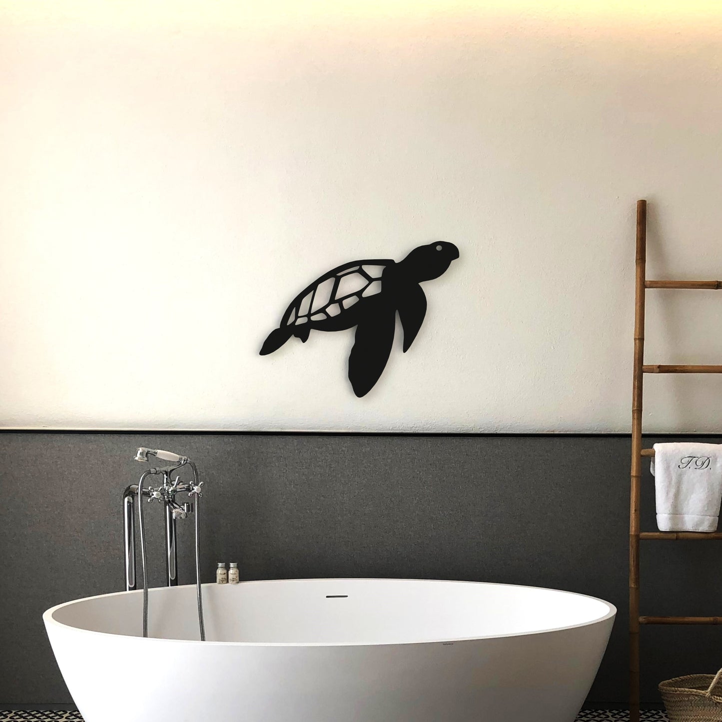 black-sea-turtle-metal-wall-art-on-wall-in-bathroom-above-bath-tub