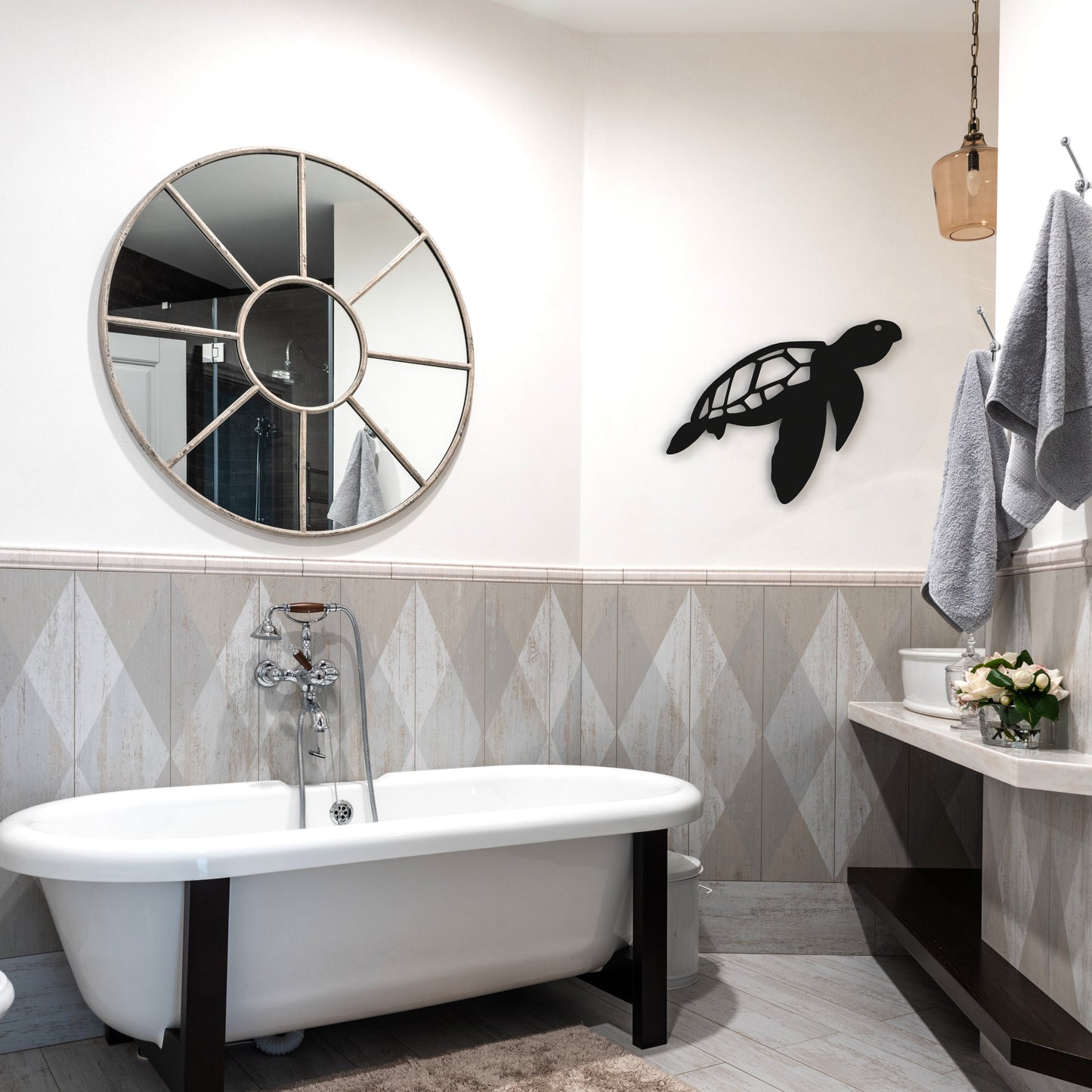 black-sea-turtle-metal-wall-art-on-wall-in-modern-bathroom