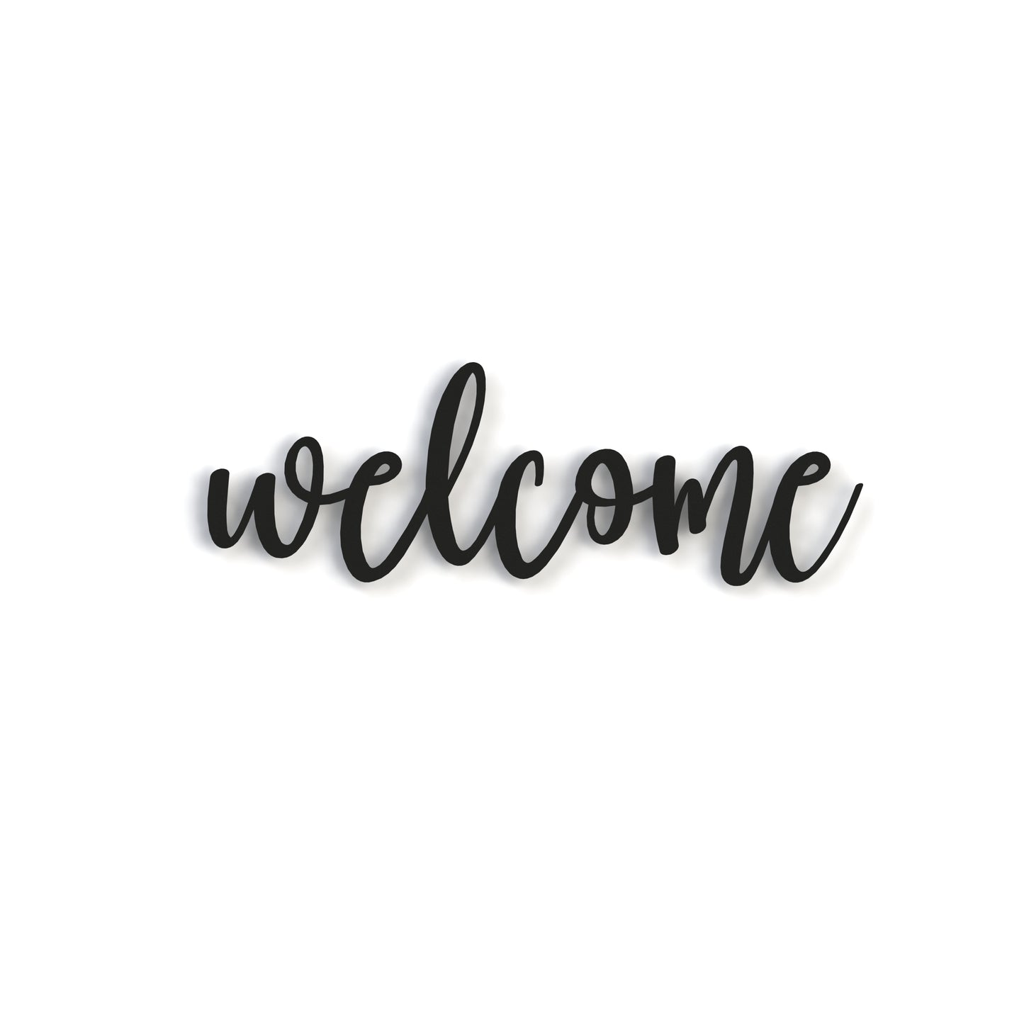 black welcome metal sign cursive font on a white background
