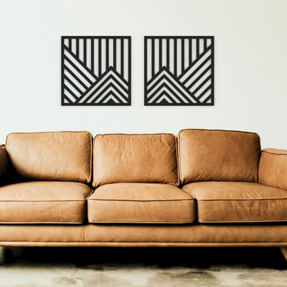 black geometric mountains metal wall art on a wall in living room