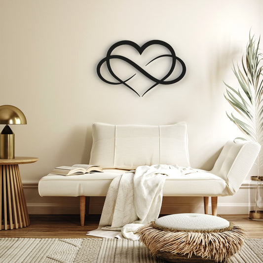 black infinity heart metal wall art on wall in living room