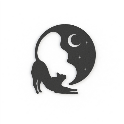 black cat and moon metal wall art hanging on a white background