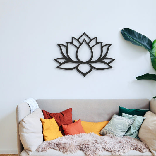 black boho lotus flower metal wall art on wall in living room