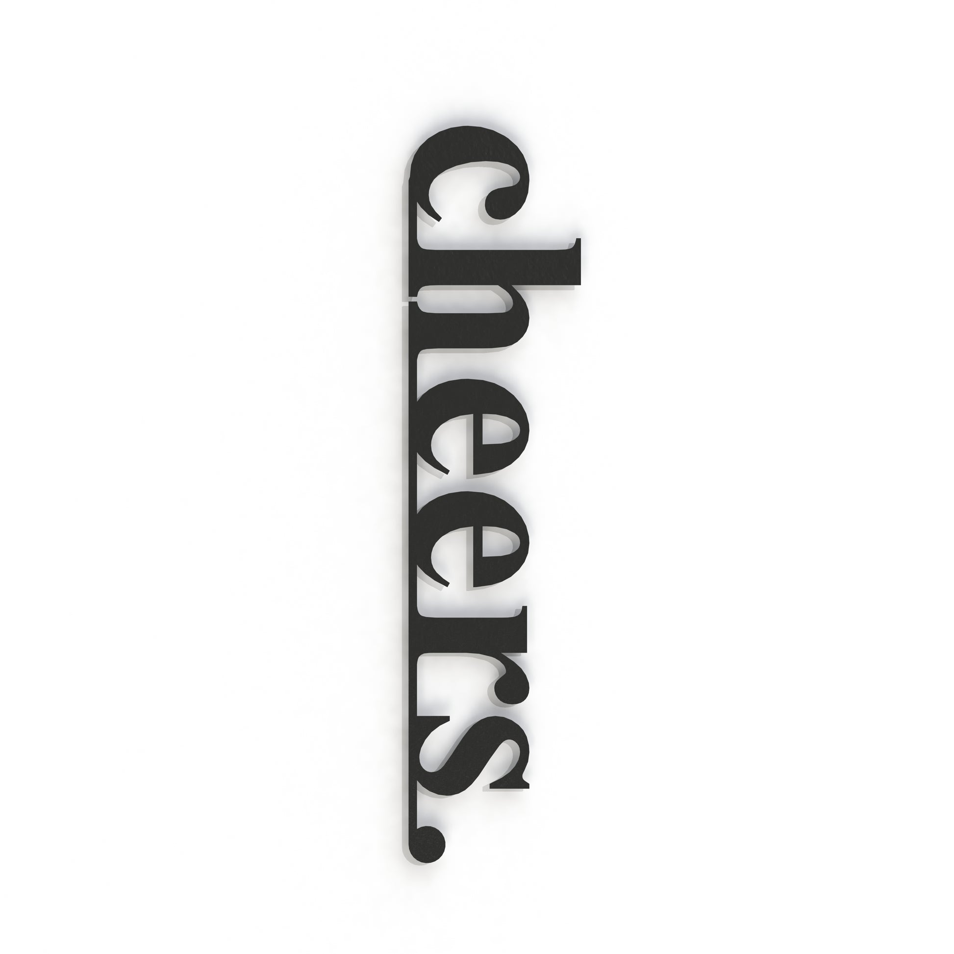 black cheers stand-off metal sign on a white background