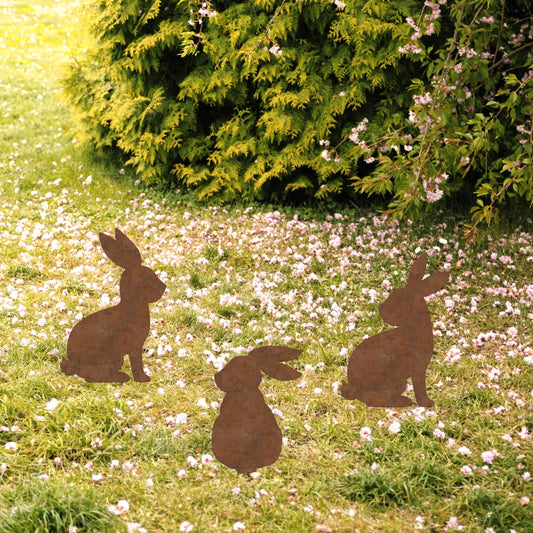 Rusty Bunny Trio Metal Garden Stakes