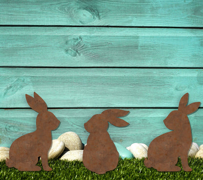Rusty Bunny Trio Metal Garden Stakes