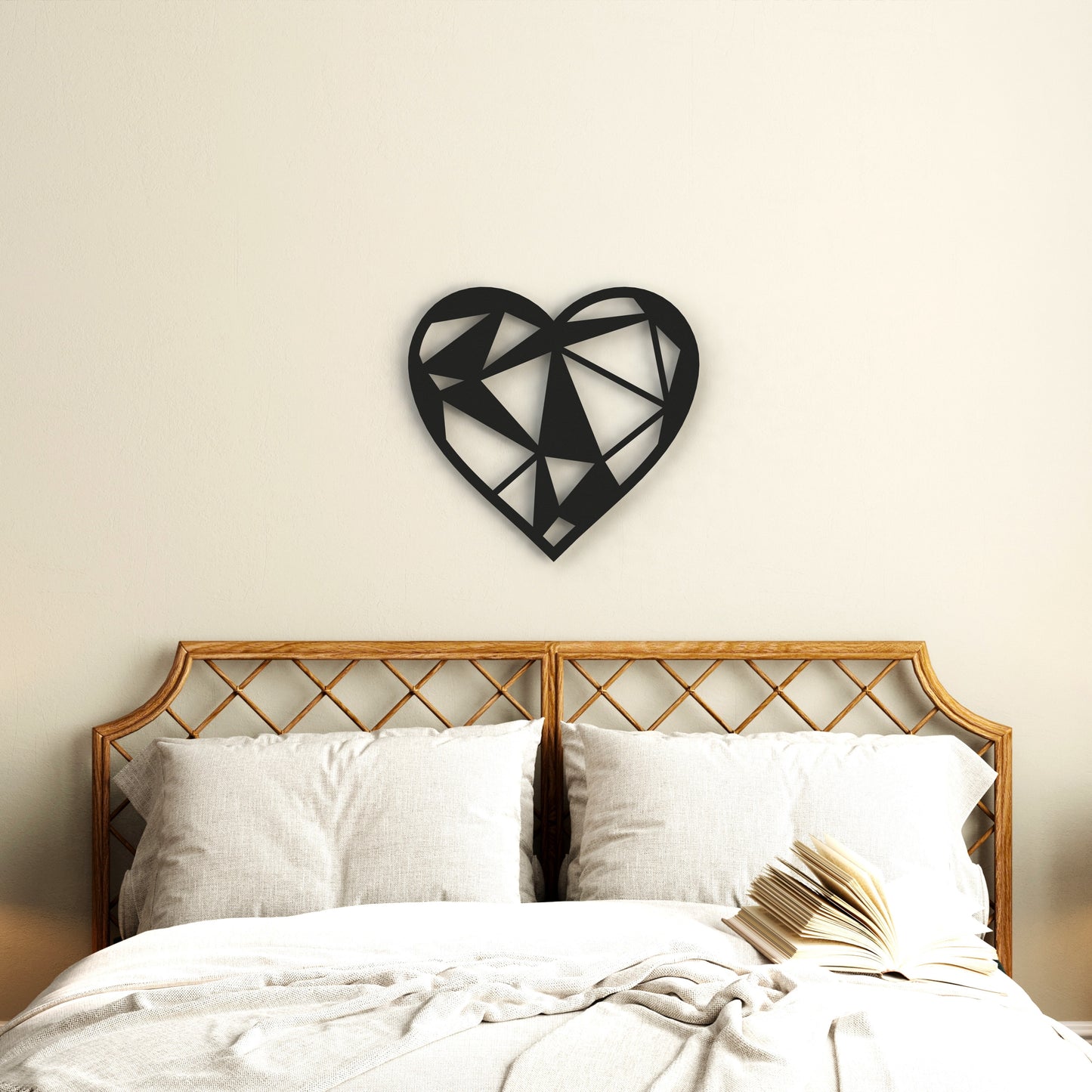 black-geometric-heart-metal-wall-art-on-wall-in-bedroom