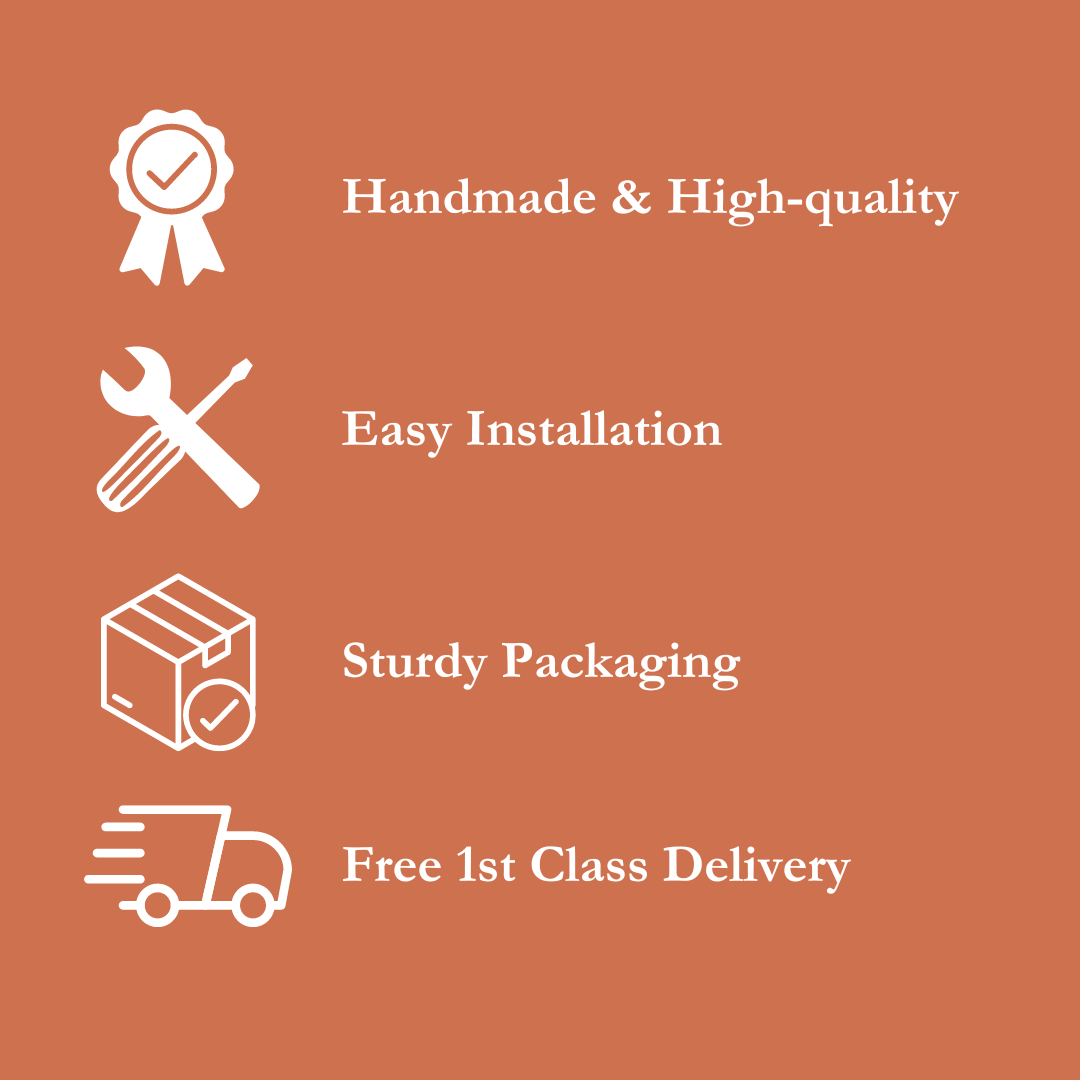 handmade, high-quality, easy to hang, sturdy packaging, free first class delivery